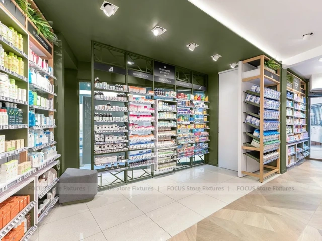 Green Gray Pharmacy Wall Shelving and Checkout Aisles