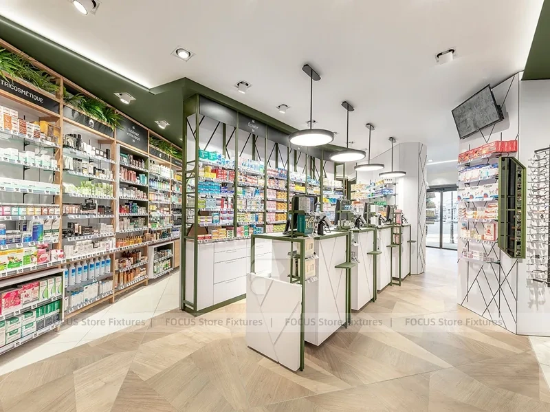 Green Gray Pharmacy Wall Shelving and Checkout Aisles
