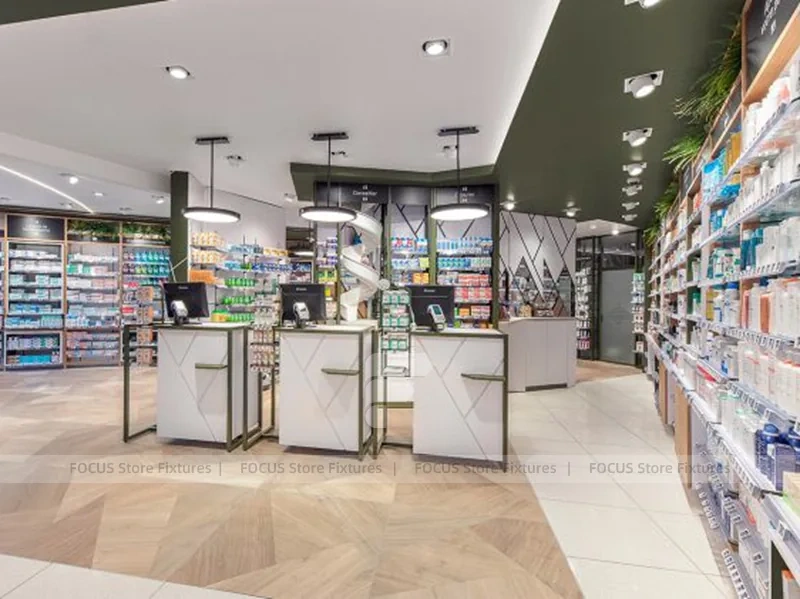 Green Gray Pharmacy Wall Shelving and Checkout Aisles