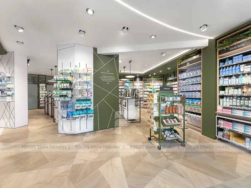Green Gray Pharmacy Wall Shelving and Checkout Aisles