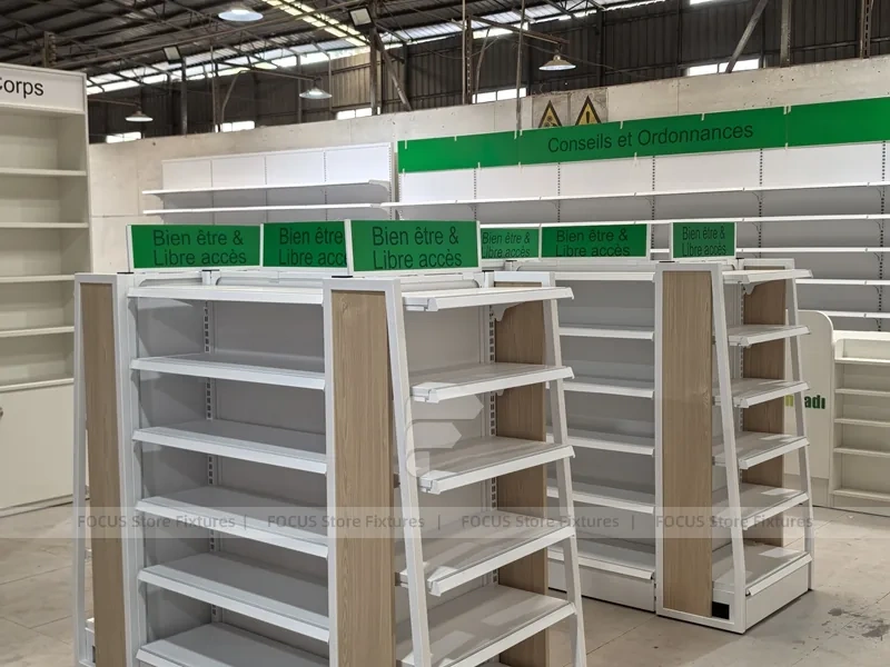 Green Header Pharmacy Gondola and Wall Shelf Fixture Set