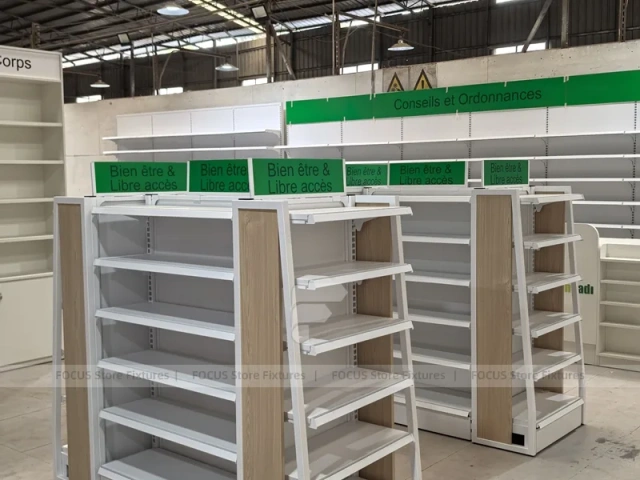 Green Header Pharmacy Gondola and Wall Shelf Fixture Set