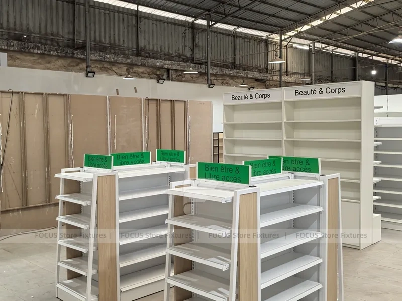 Green Header Pharmacy Gondola and Wall Shelf Fixture Set