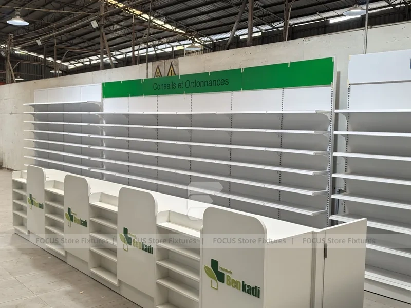Green Header Pharmacy Gondola and Wall Shelf Fixture Set