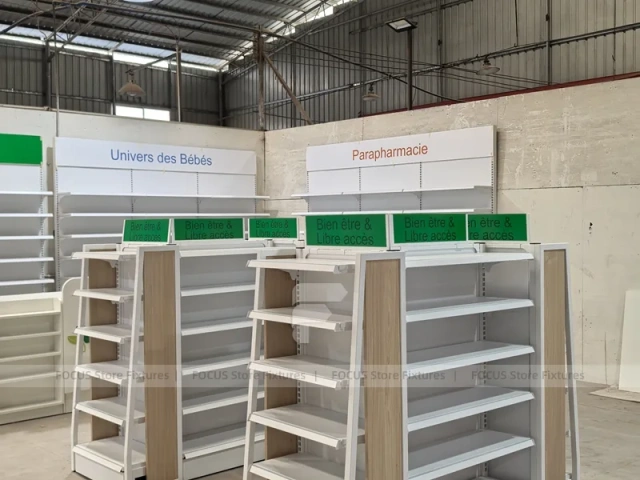Green Header Pharmacy Gondola and Wall Shelf Fixture Set