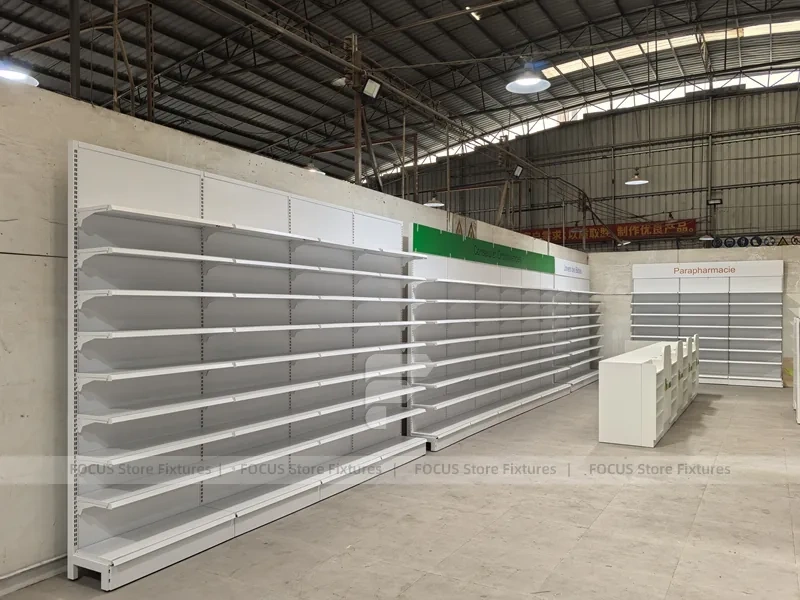 Green Header Pharmacy Wall Shelving Fixture