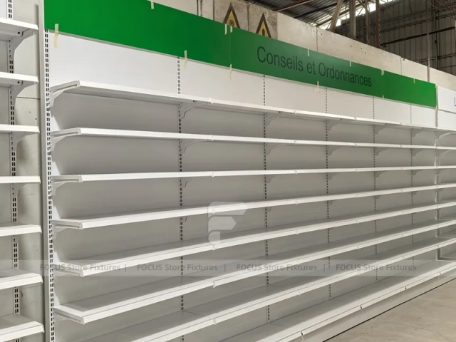 Green Header Pharmacy Wall Shelving Fixture
