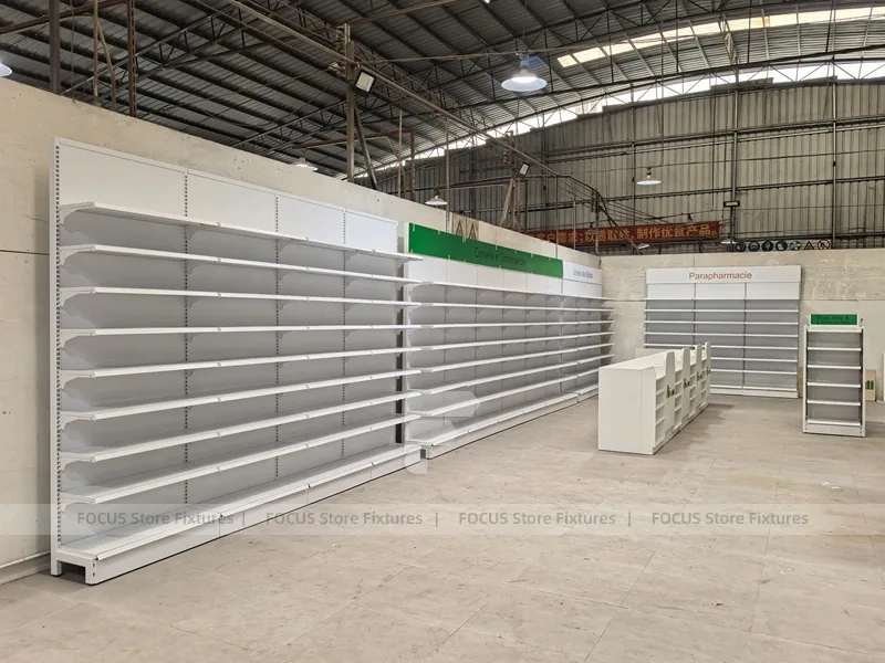 Green Header Pharmacy Wall Shelving Fixture