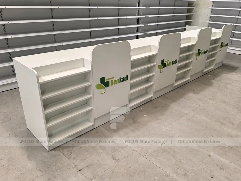 Green Header Pharmacy Wall Shelving Fixture