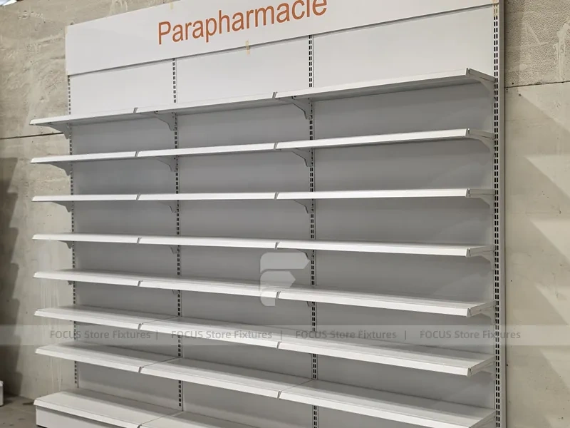 Green Header Pharmacy Wall Shelving Fixture