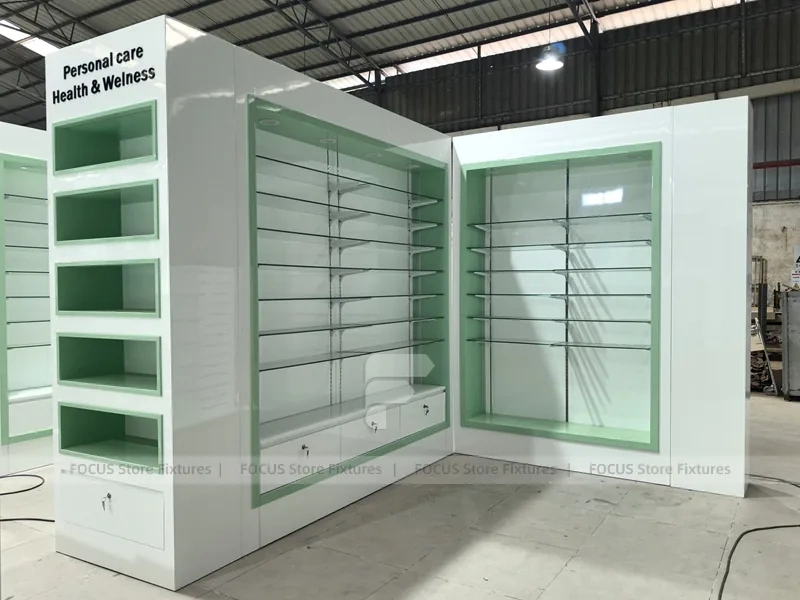 Green Light Pharmacy Corner Wall Shelving Fixture