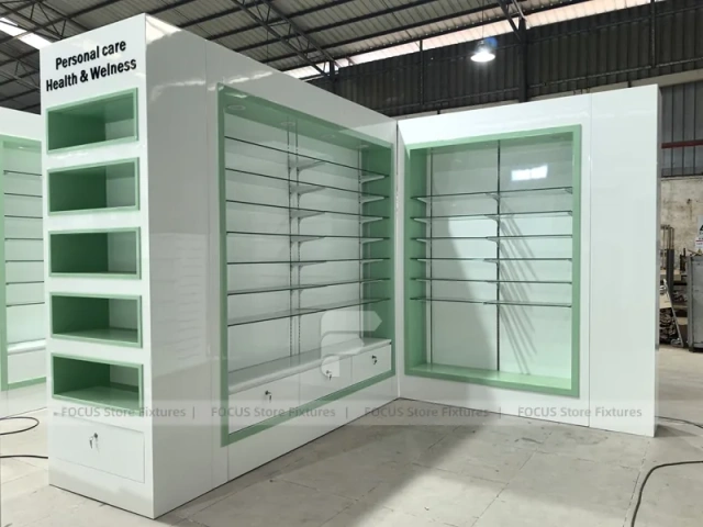Green Light Pharmacy Corner Wall Shelving Fixture