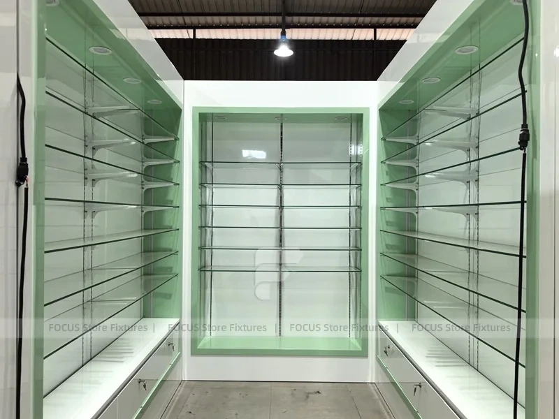 Green Light Pharmacy Corner Wall Shelving Fixture