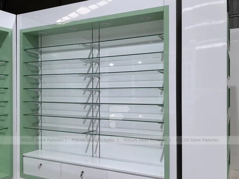 Green Light Pharmacy Corner Wall Shelving Fixture