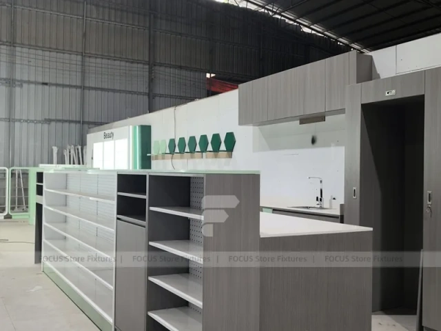Green Light Pharmacy Corner Wall Shelving Fixture