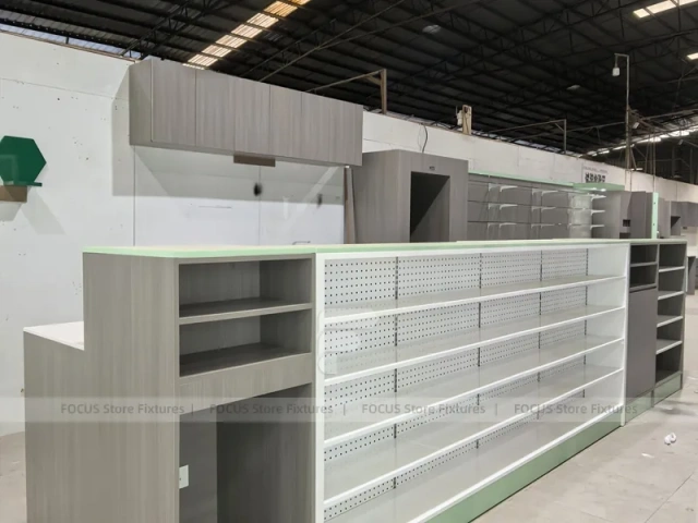 Green Light Pharmacy Corner Wall Shelving Fixture