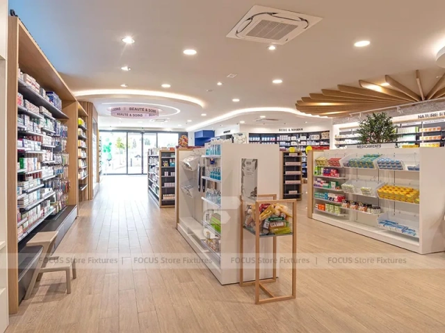 Green Plant Pharmacy Gondola and Wood Wall Shelving