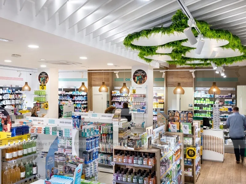 Green Plant Pharmacy Gondola and Wood Wall Shelving