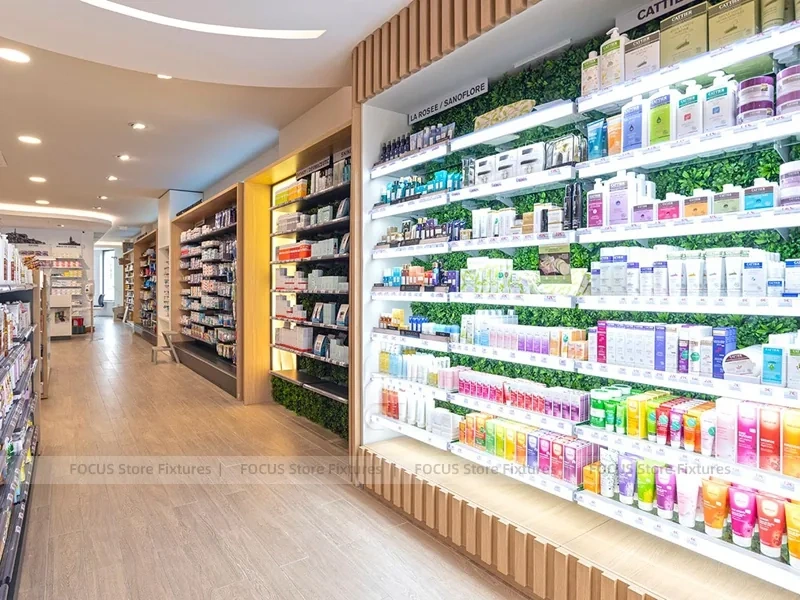 Green Plant Pharmacy Gondola and Wood Wall Shelving