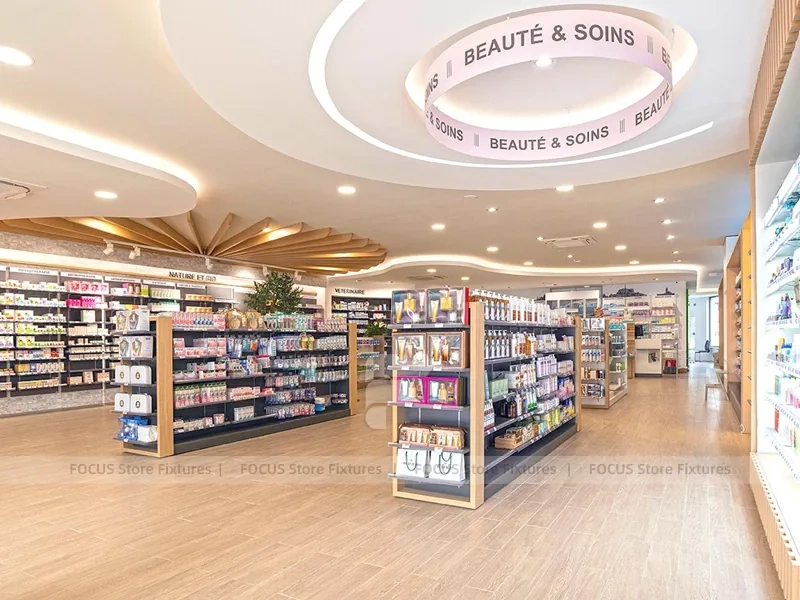 Green Plant Pharmacy Gondola and Wood Wall Shelving