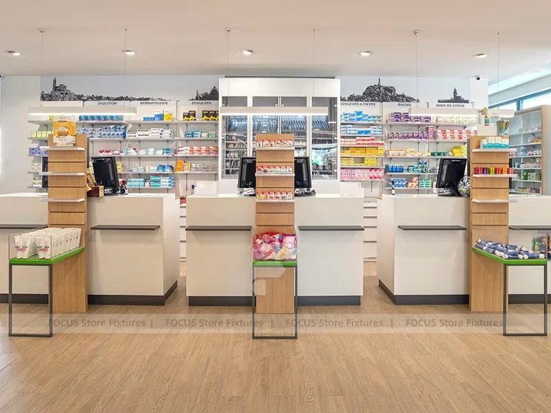 Green Plant Pharmacy Gondola and Wood Wall Shelving