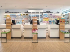 Green Plant Pharmacy Gondola and Wood Wall Shelving
