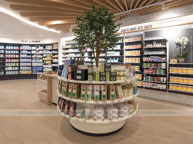 Green Plant Pharmacy Gondola and Wood Wall Shelving