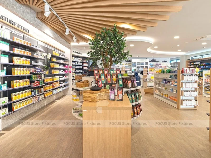 Green Plant Pharmacy Gondola and Wood Wall Shelving