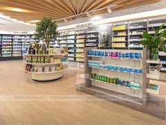 Green Plant Pharmacy Gondola and Wood Wall Shelving