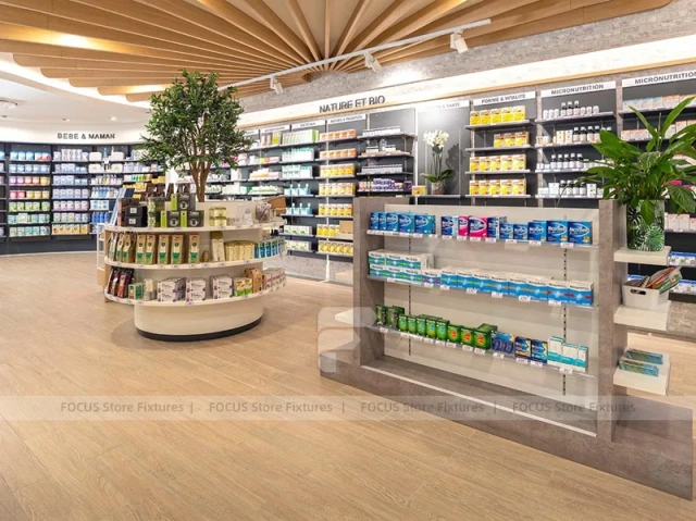Green Plant Pharmacy Gondola and Wood Wall Shelving