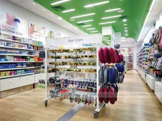Green Spa Retail Wall Shelving Aisle Display
