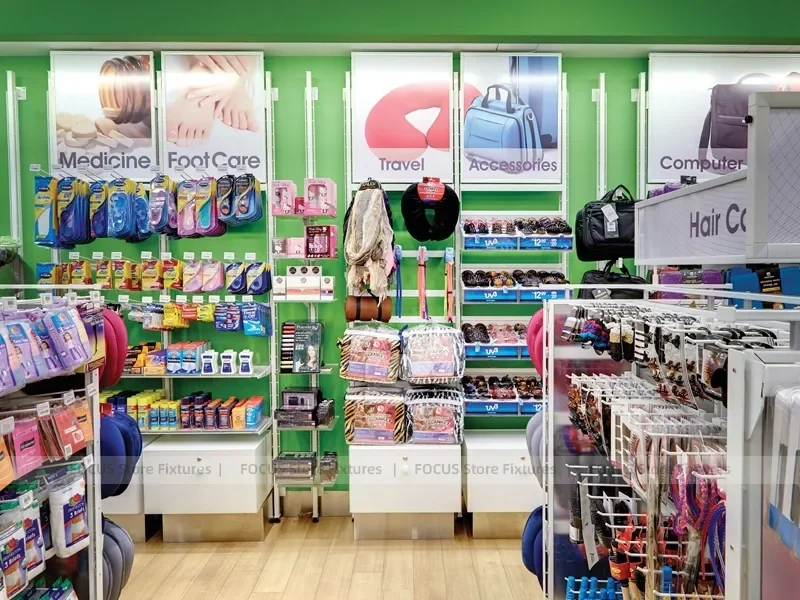 Green Spa Retail Wall Shelving Aisle Display