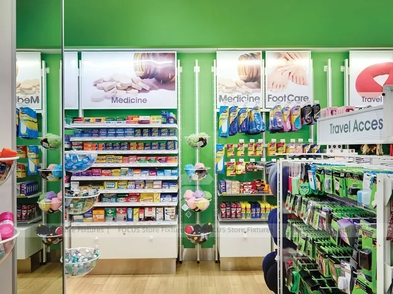 Green Spa Retail Wall Shelving Aisle Display