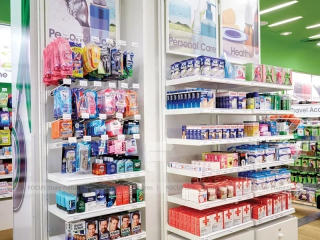 Green Spa Retail Wall Shelving Aisle Display