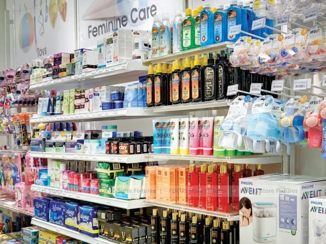 Green Spa Retail Wall Shelving Aisle Display