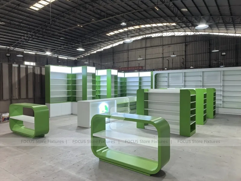 Green White Pharmacy Counter and Gondola Fixture Layout