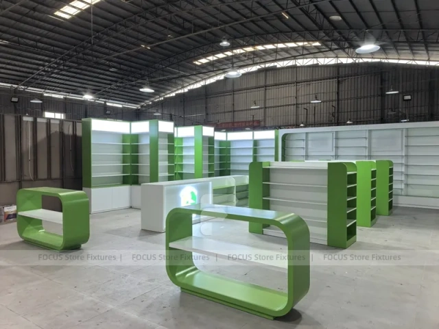 Green White Pharmacy Counter and Gondola Fixture Layout