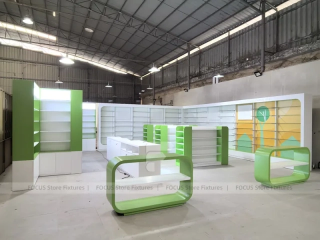 Green White Pharmacy Counter and Gondola Fixture Layout