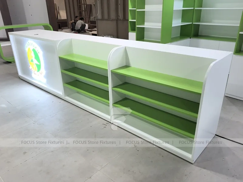 Green White Pharmacy Counter and Gondola Fixture Layout