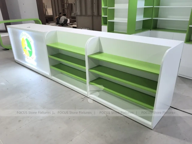 Green White Pharmacy Counter and Gondola Fixture Layout
