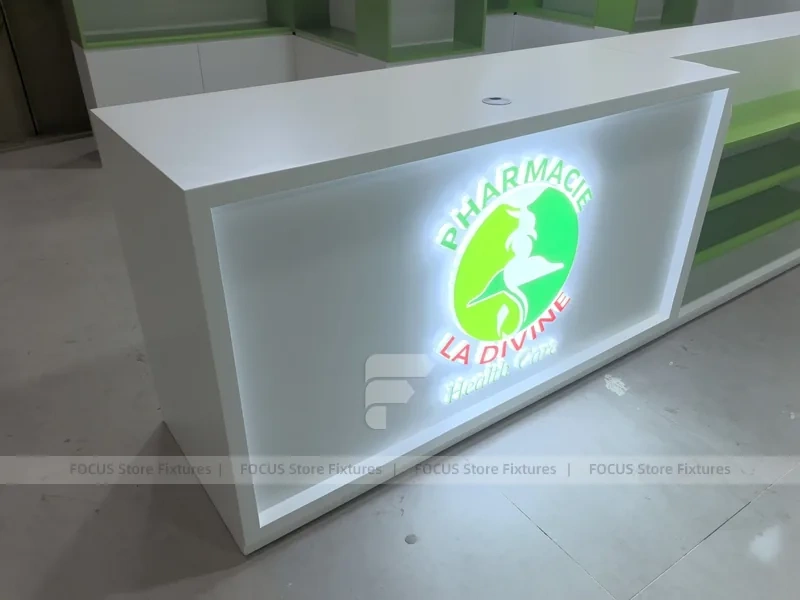 Green White Pharmacy Counter and Gondola Fixture Layout