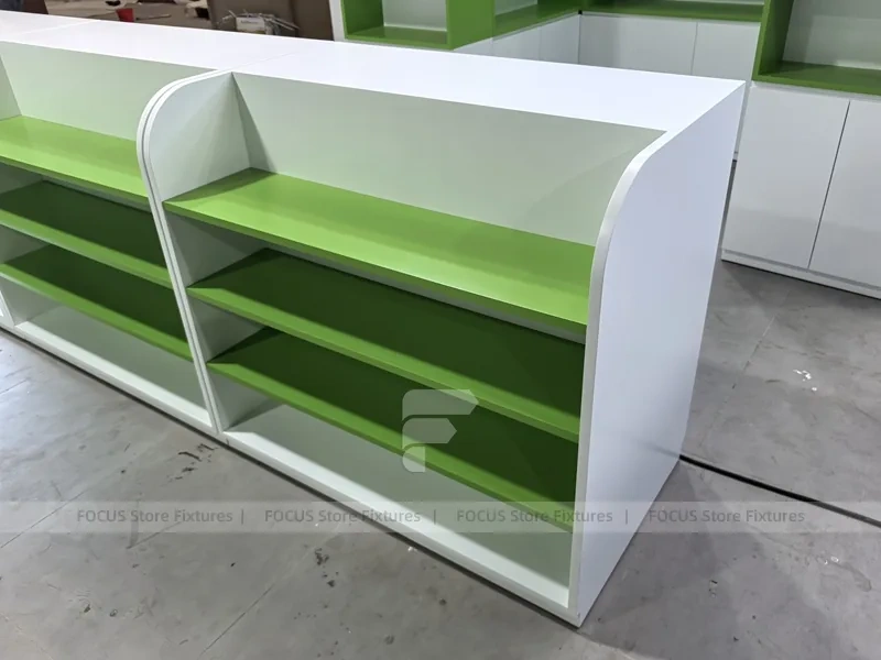 Green White Pharmacy Counter and Gondola Fixture Layout
