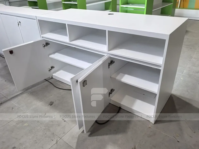 Green White Pharmacy Counter and Gondola Fixture Layout