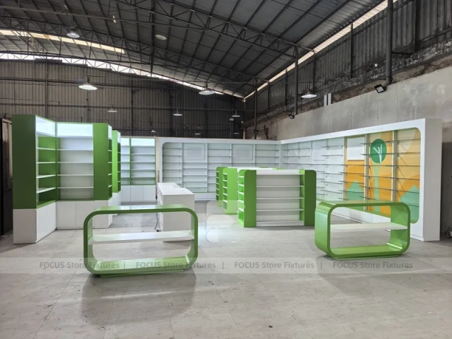 Green White Pharmacy Counter and Gondola Fixture Layout