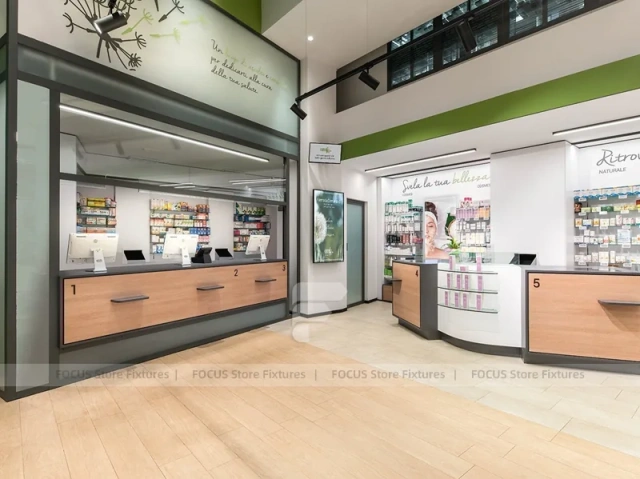Green White Pharmacy Counter and Retail Shelf Layout