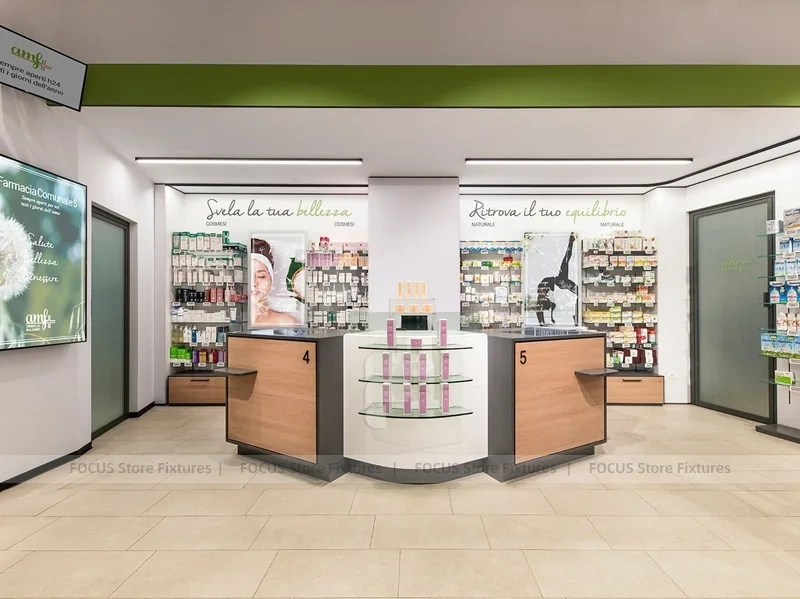 Green White Pharmacy Counter and Retail Shelf Layout