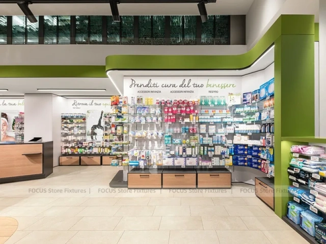 Green White Pharmacy Counter and Retail Shelf Layout