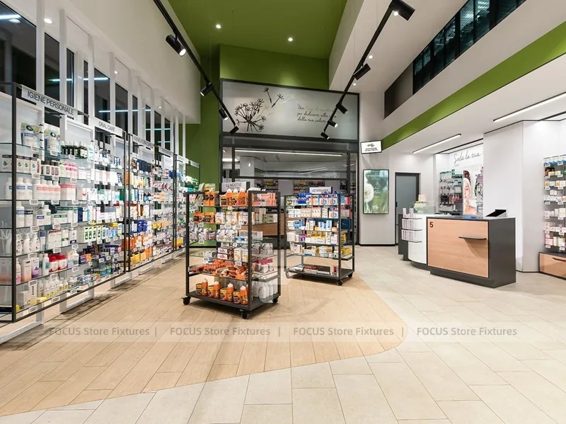Green White Pharmacy Counter and Retail Shelf Layout