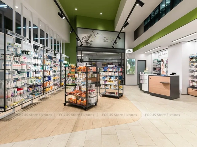 Green White Pharmacy Counter and Retail Shelf Layout