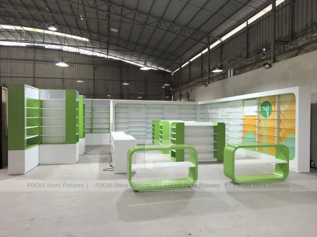 Green White Pharmacy Counter and Shelving Fixture Layout